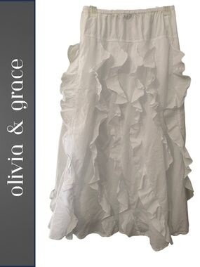 Olivia & Grace Flowy White Ruffled Cotton Maxi Skirt Women's S Boho Indie Summer